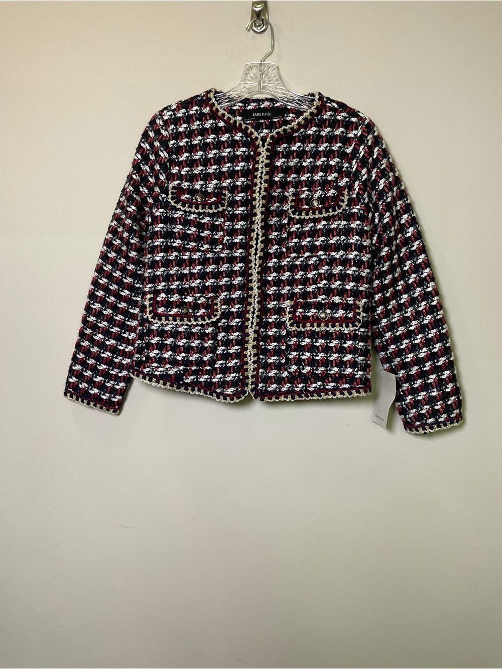 ZARA Size M Textured Tweed Boucle Checked Coat Jacket Multicolor Gold Accent